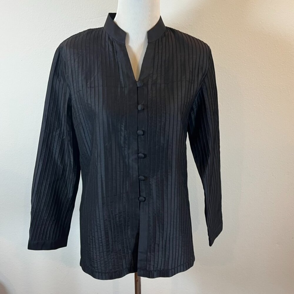 CHARLOTTE KELLOGG Palm Beach Tunic M Button 100% Silk Pin Tuck Black $250